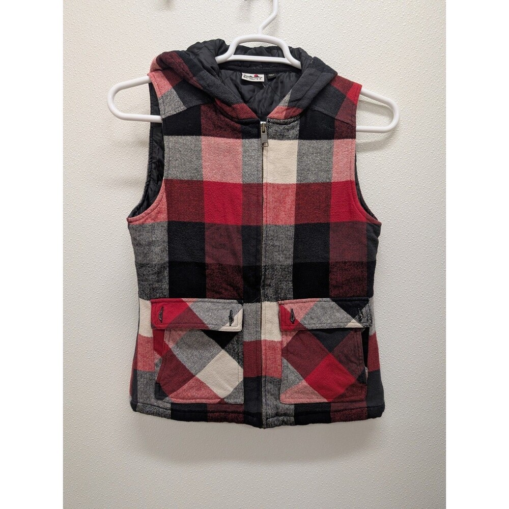 Kavu Campout Medium Insulated Hooded Vest Red Black Gray Plaid Womens Outdoor